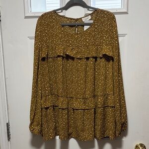 ODDY Mustard Floral Blouse with Ruffle Accents